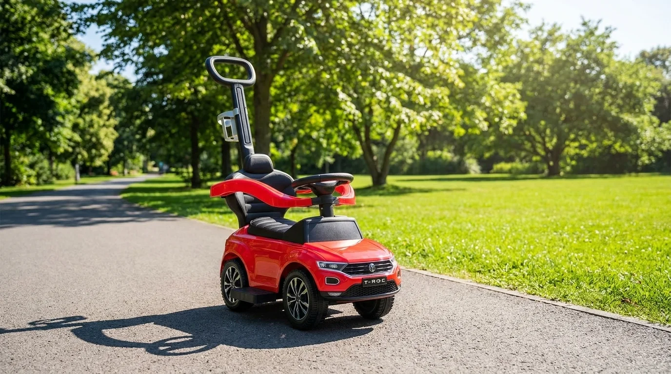 Červené dětské odrážedlo Buddy Toys VW T-ROC s vodicí tyčí stojí na cestě v parku.