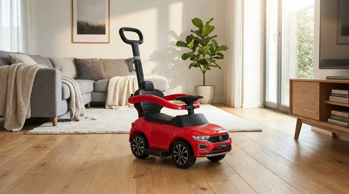 Červené dětské odrážedlo Volkswagen T-ROC s vodicí tyčí a bezpečnostní ohrádkou v obývacím pokoji.