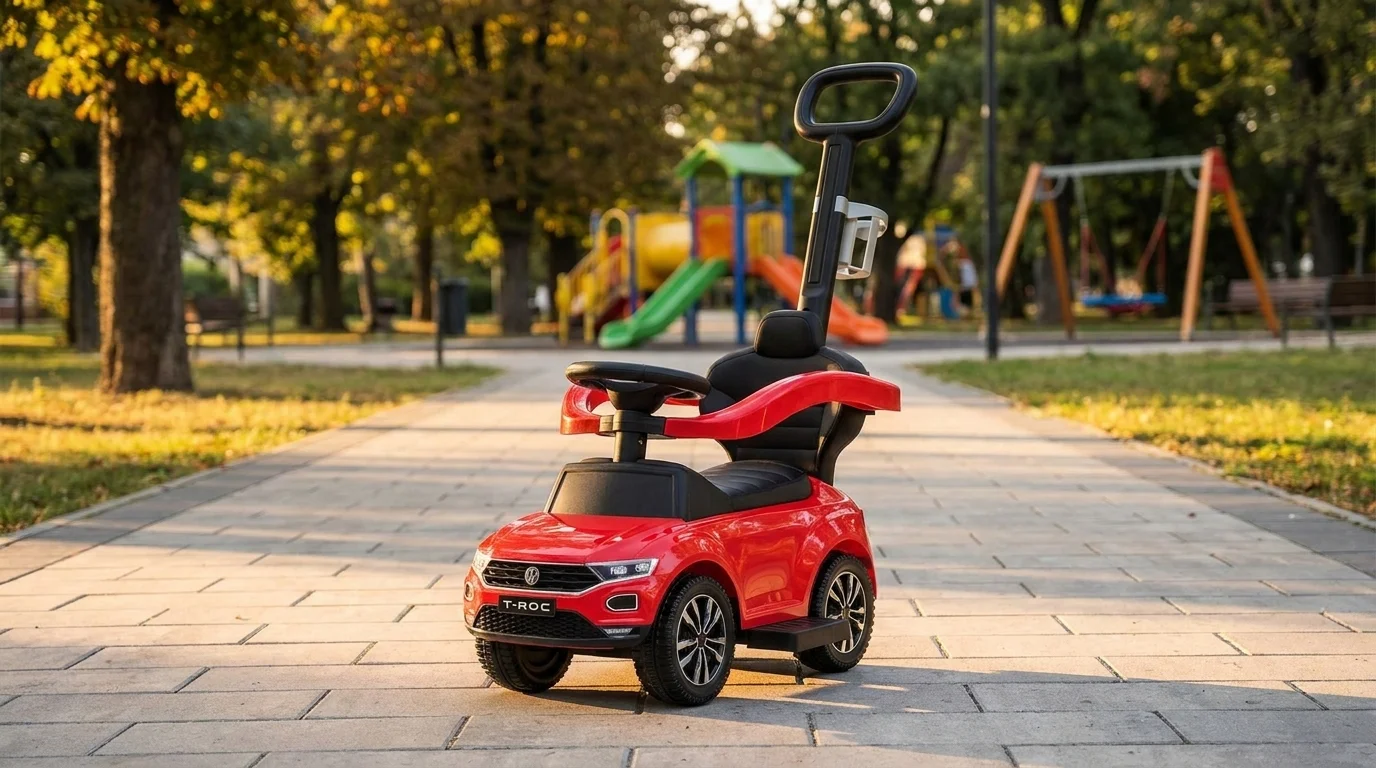 Červené dětské odrážedlo Buddy Toys VW T-ROC 3v1 s vodicí rukojetí stojí na dlážděném chodníku v parku u dětského hřiště.