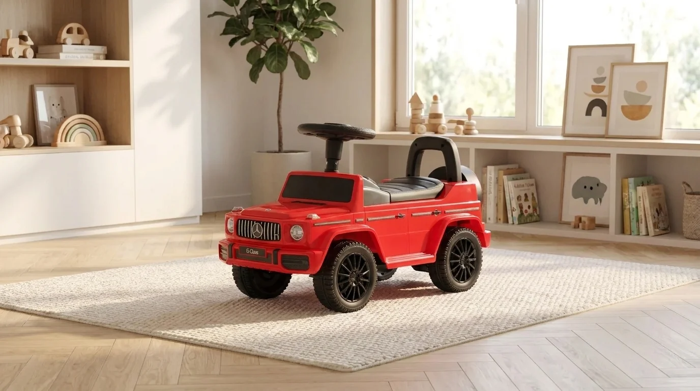 Červené dětské odrážedlo Buddy Toys Mercedes G350d stojící na světlém koberci ve světlém pokoji.