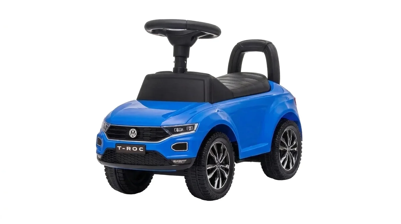 Modré dětské odrážedlo Buddy Toys VW T-ROC s černým sedátkem, volantem a opěrkou.