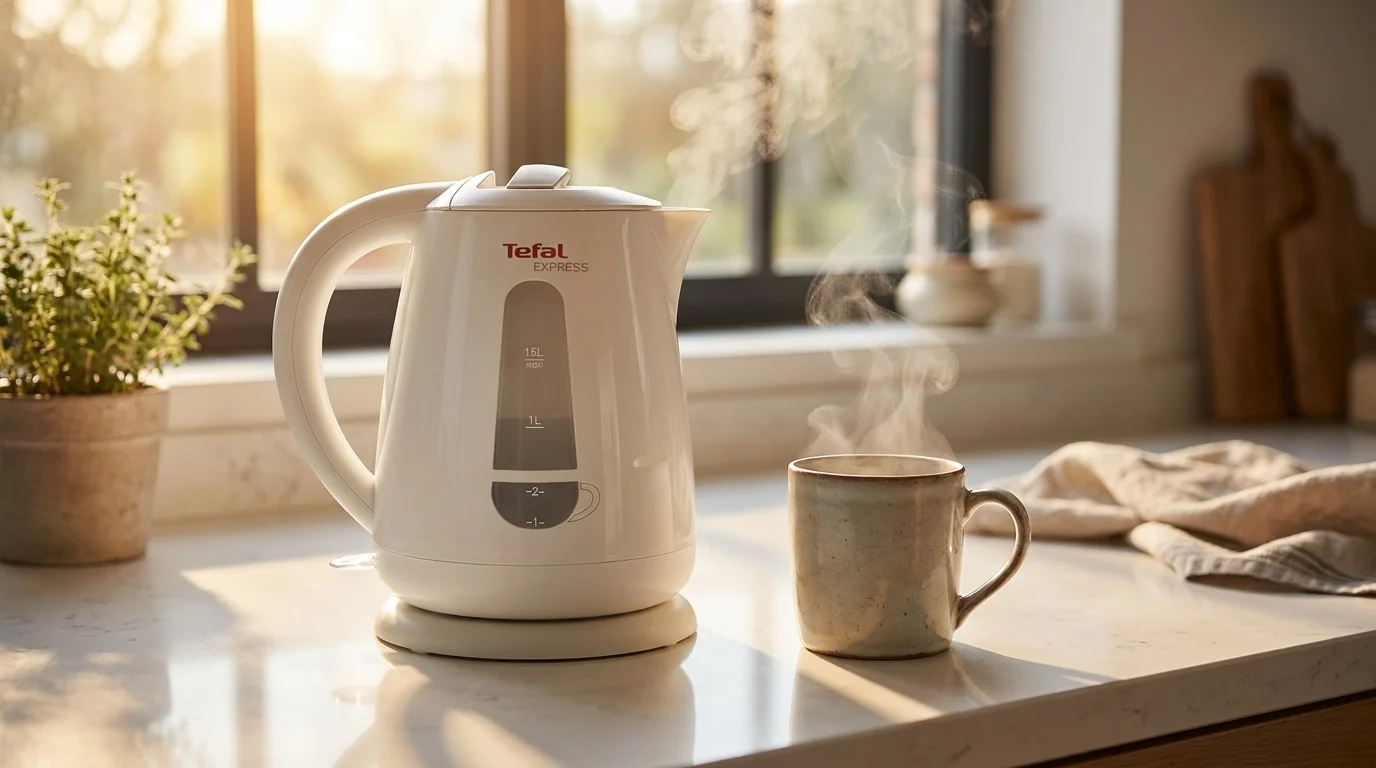 Bílá rychlovarná konvice Tefal Express na kuchyňské lince vedle kouřícího keramického hrnku.