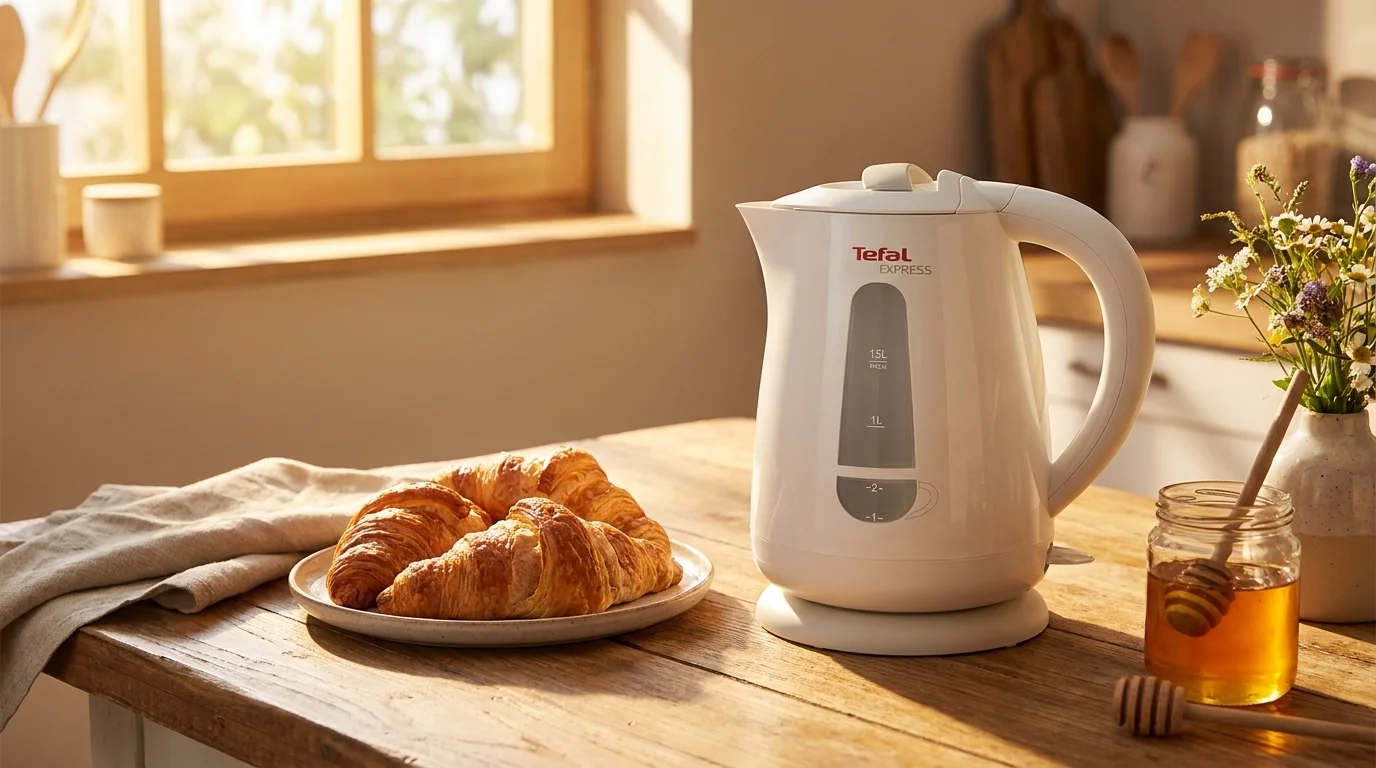 Bílá rychlovarná konvice Tefal KO299130 na dřevěném stole vedle talíře s croissanty a sklenice s medem.