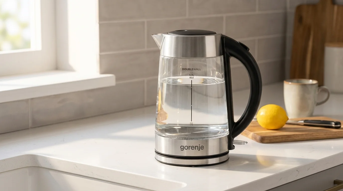 Skleněná varná konvice Gorenje K17GDWII s nerezovými detaily a černou rukojetí stojí naplněná vodou na světlé kuchyňské lince.