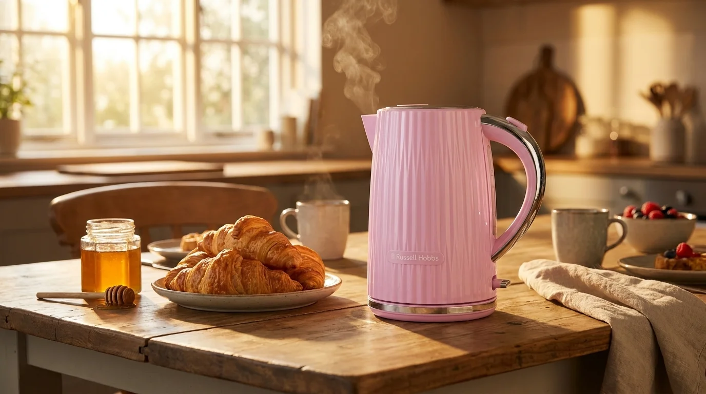 Ružová rýchlovarná kanvica Russell Hobbs, z ktorej stúpa para, stojí na drevenom stole vedľa croissantov a medu.