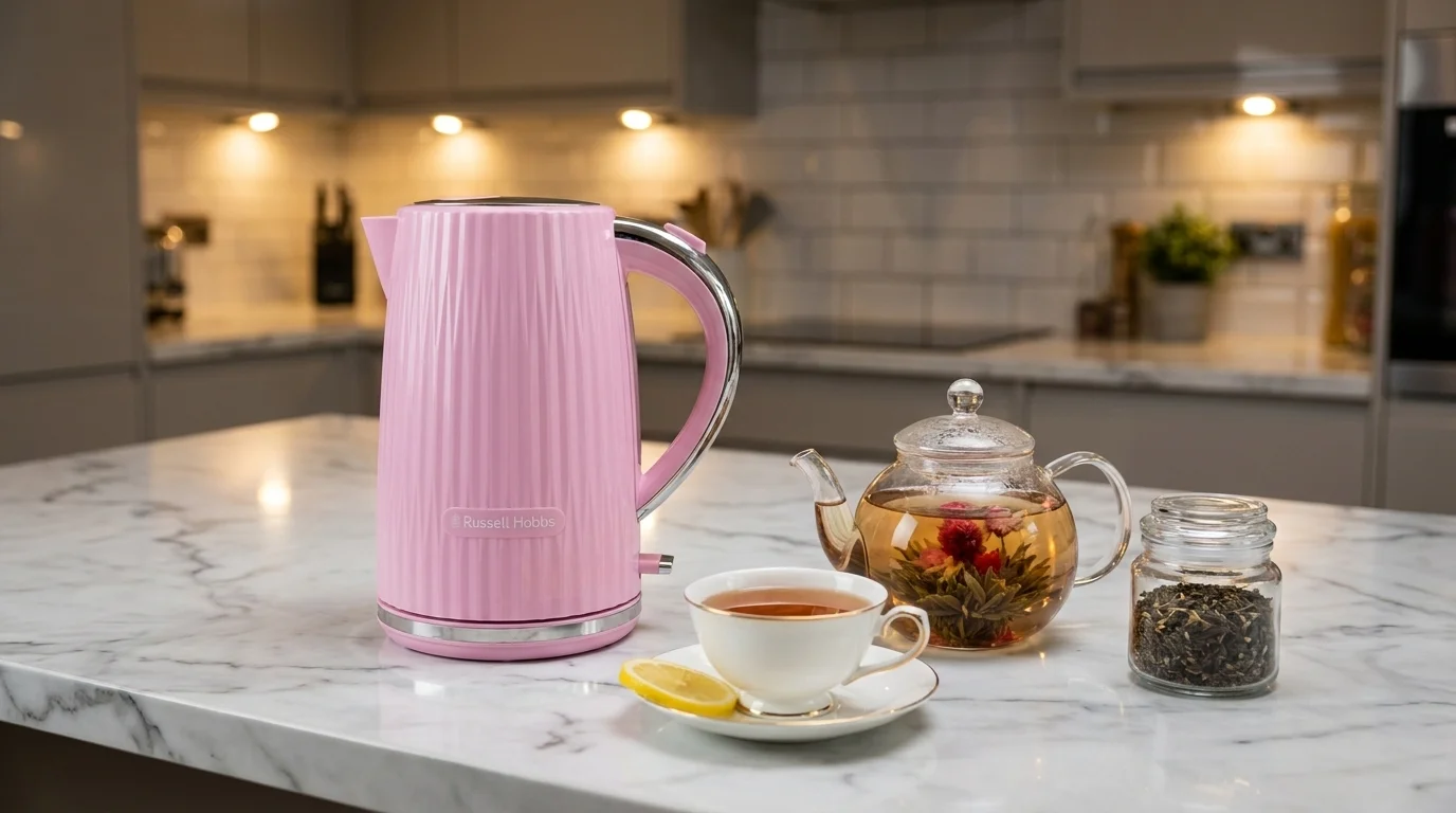 Ružová rýchlovarná kanvica Russell Hobbs na mramorovej kuchynskej linke vedľa šálky čaju s citrónom, skleneného čajníka a dózy s čajom.
