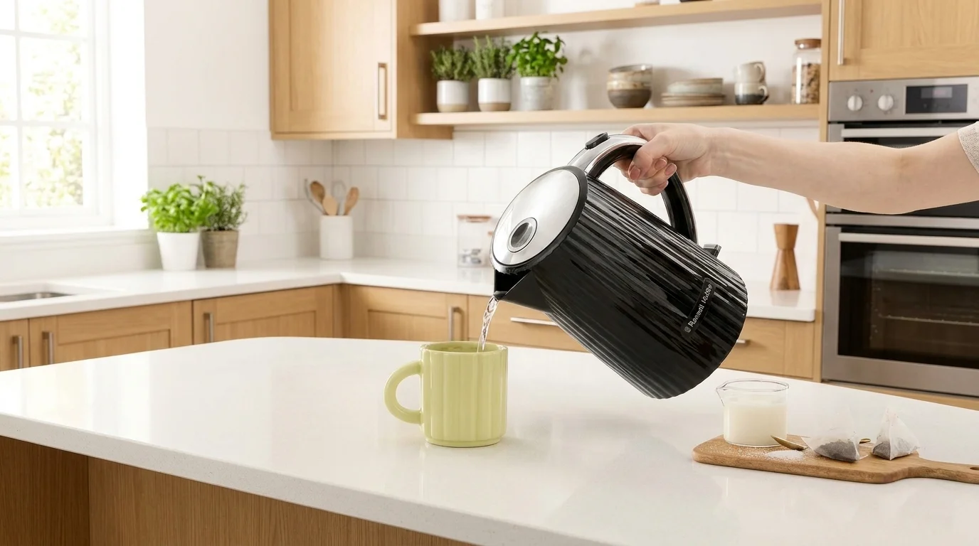 Ruka nalévá vodu z černé varné konvice Russell Hobbs 27361-70 do světle zeleného hrnku na kuchyňské lince.