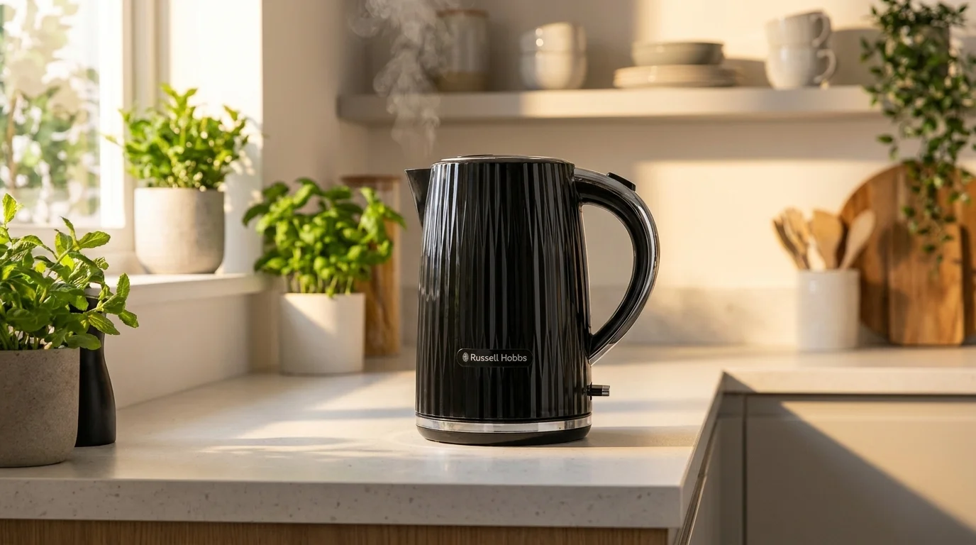 Černá varná konvice Russell Hobbs se strukturovaným povrchem stojí na světlé kuchyňské lince, přičemž z její hubice stoupá pára.