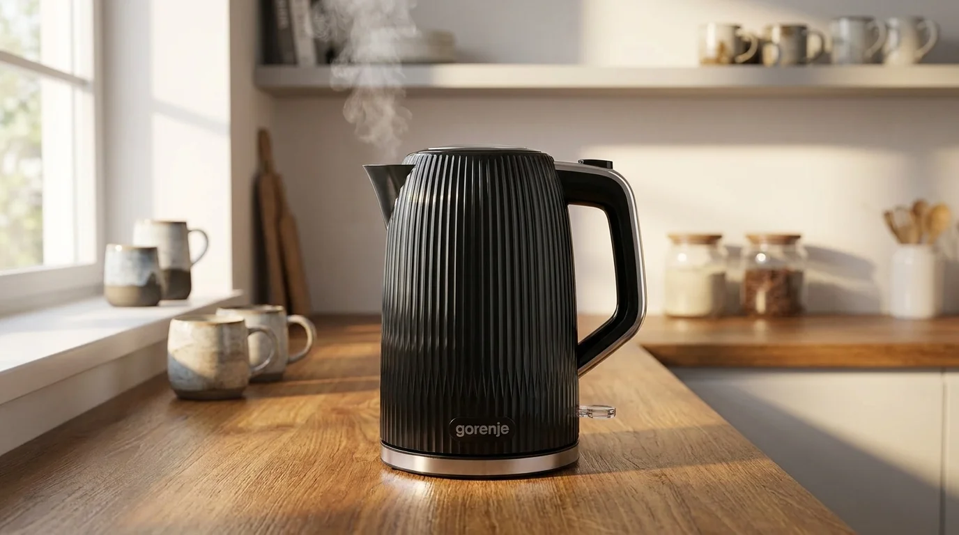 Černá rychlovarná konvice Gorenje K17DPB s vroubkovaným povrchem stojí na dřevěné kuchyňské lince a stoupá z ní pára.