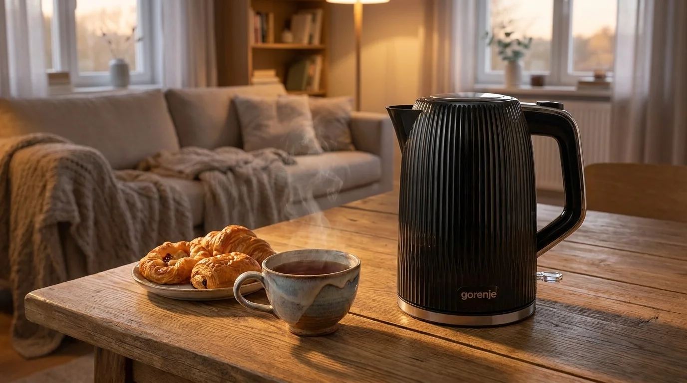 Černá rychlovarná konvice Gorenje na dřevěném stole vedle kouřícího šálku čaje a talíře s pečivem.