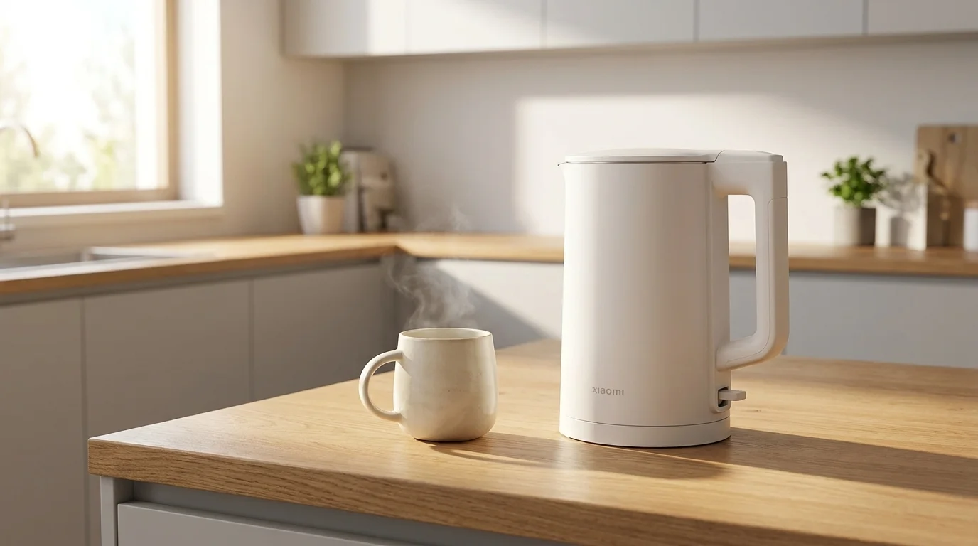 Bílá varná konvice Xiaomi Electric Kettle 2 Lite a kouřící hrnek na dřevěné kuchyňské lince v moderní světlé kuchyni.