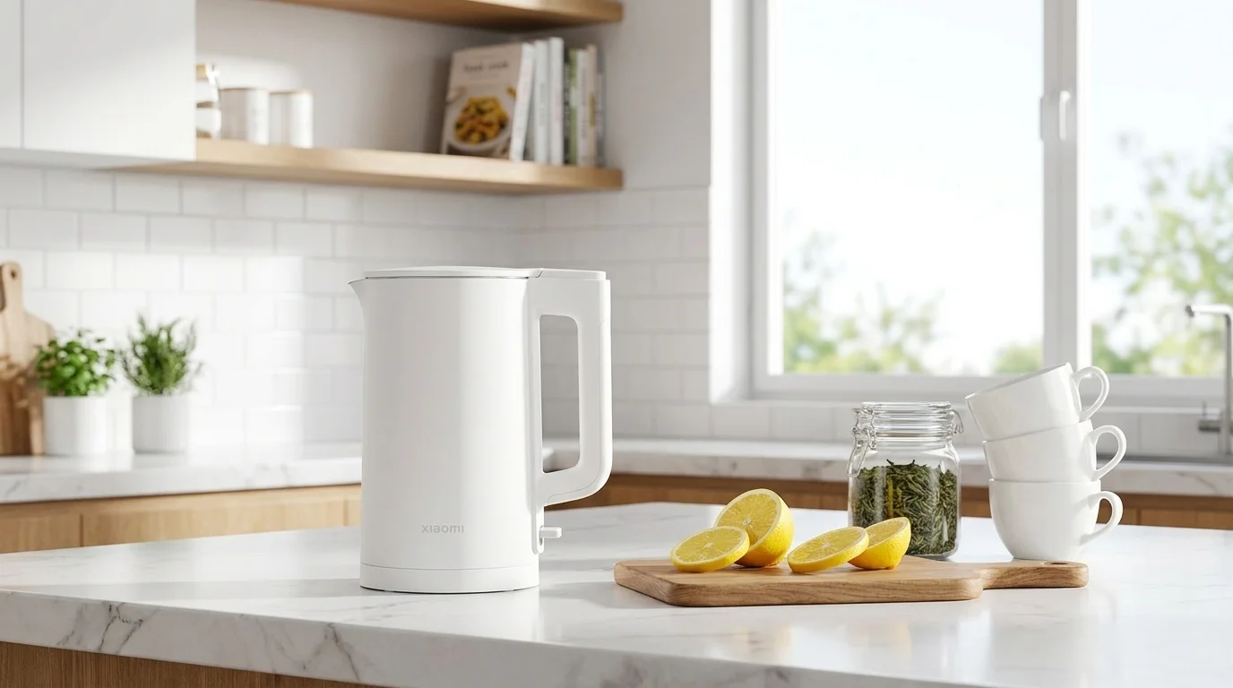 Bílá varná konvice Xiaomi Electric Kettle 2 Lite na kuchyňské lince vedle plátků citronu na prkénku a šálků.