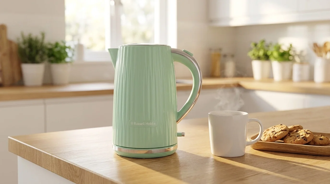 Pistáciově zelená varná konvice Russell Hobbs se strukturovaným povrchem stojí na dřevěné kuchyňské lince vedle kouřícího hrnku a sušenek.