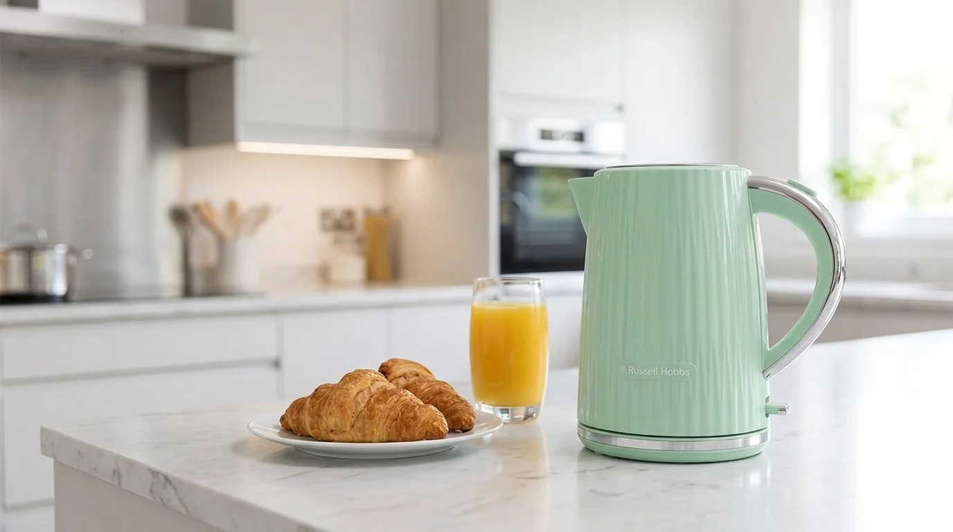 Pistáciově zelená varná konvice Russell Hobbs na kuchyňské lince vedle talíře s croissanty a sklenice pomerančového džusu.