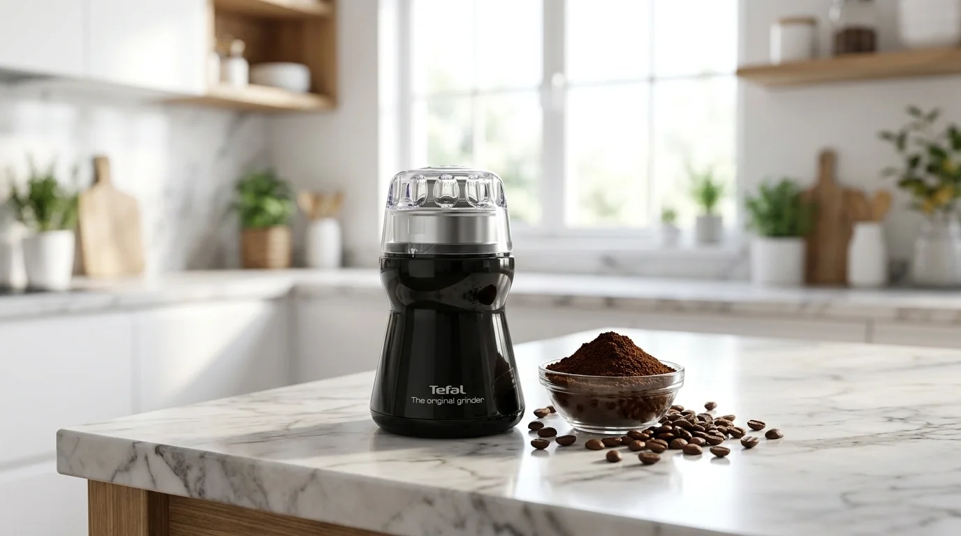 Čierny mlynček na kávu Tefal na mramorovej kuchynskej linke vedľa misky s mletou kávou a rozsypaných kávových zŕn.