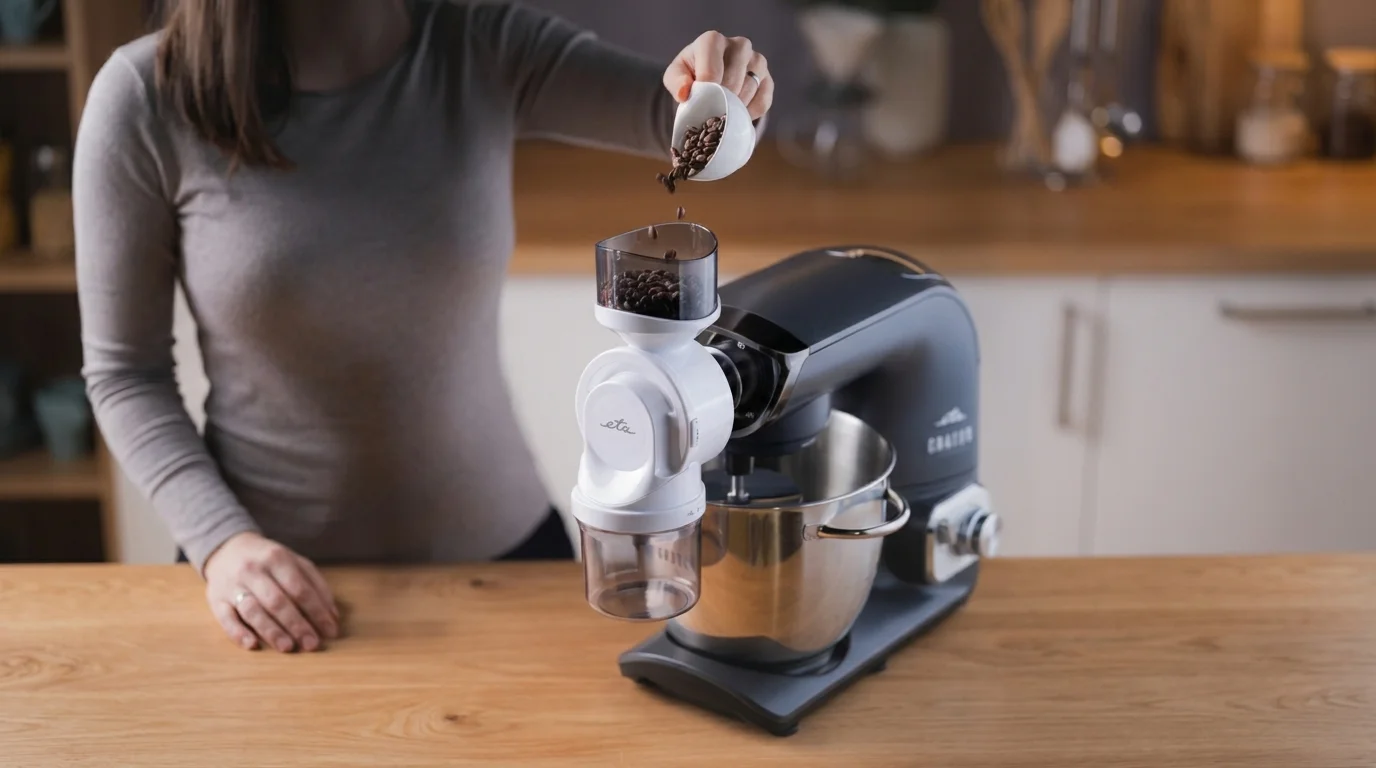 Žena sype kávová zrna z malé misky do násypky bílého kávomlýnku ETA připevněného na kuchyňském robotu.