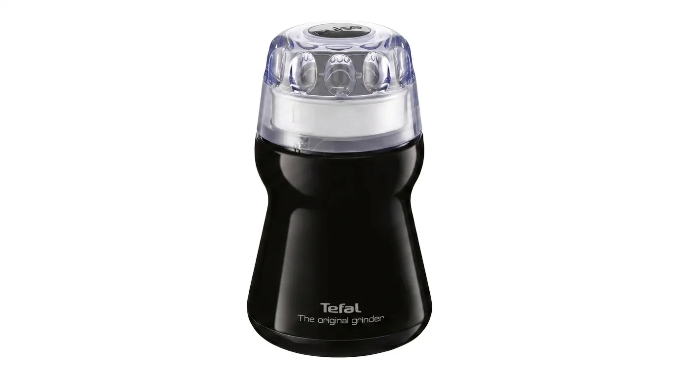 Čierny mlynček na kávu Tefal GT110838 s priehľadným vekom.