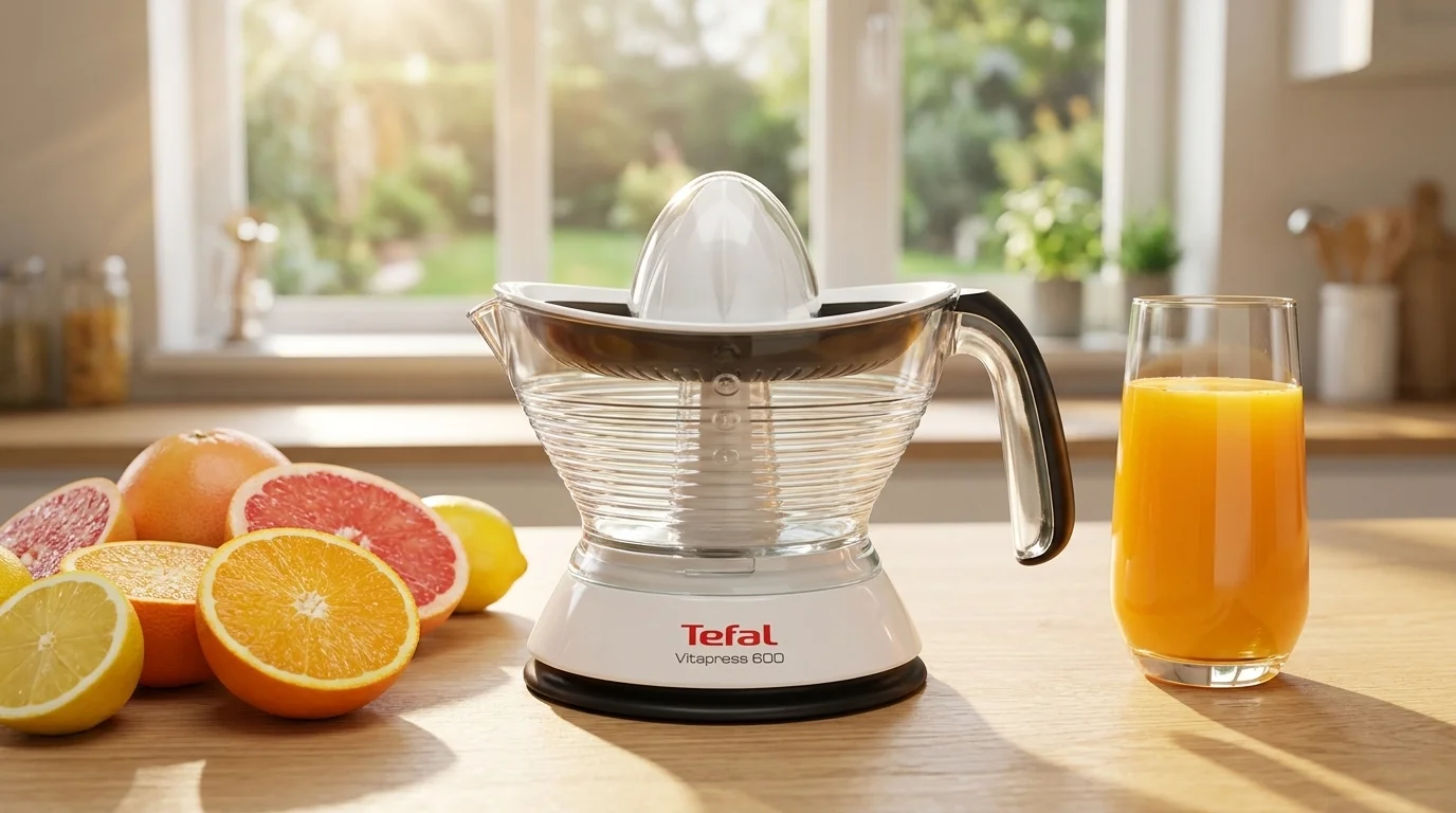 Bílý lis na citrusy Tefal Vitapress 600 na dřevěném stole vedle sklenice s pomerančovým džusem a rozkrojených citrusových plodů.