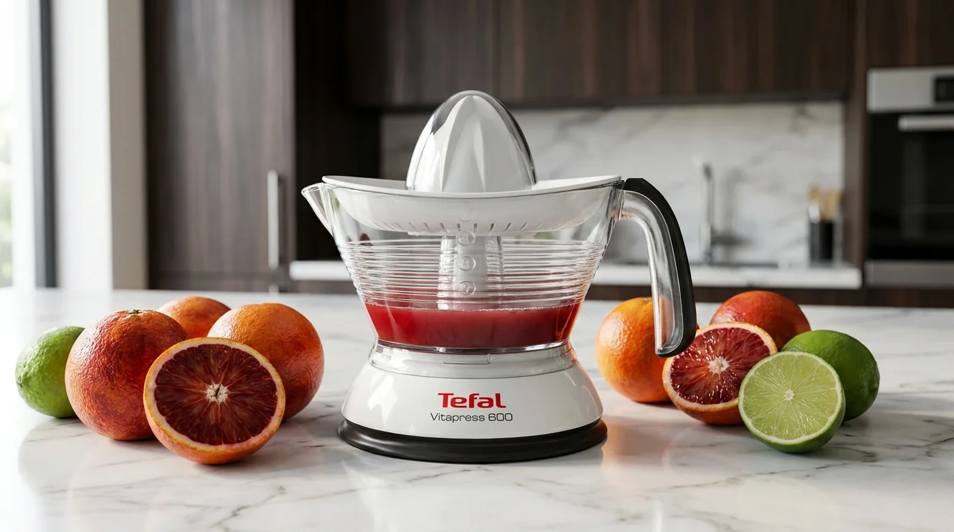 Bílý lis na citrusy Tefal Vitapress 600 s červenou šťávou stojí na mramorové lince obklopený celými i rozkrojenými pomeranči a limetkami.
