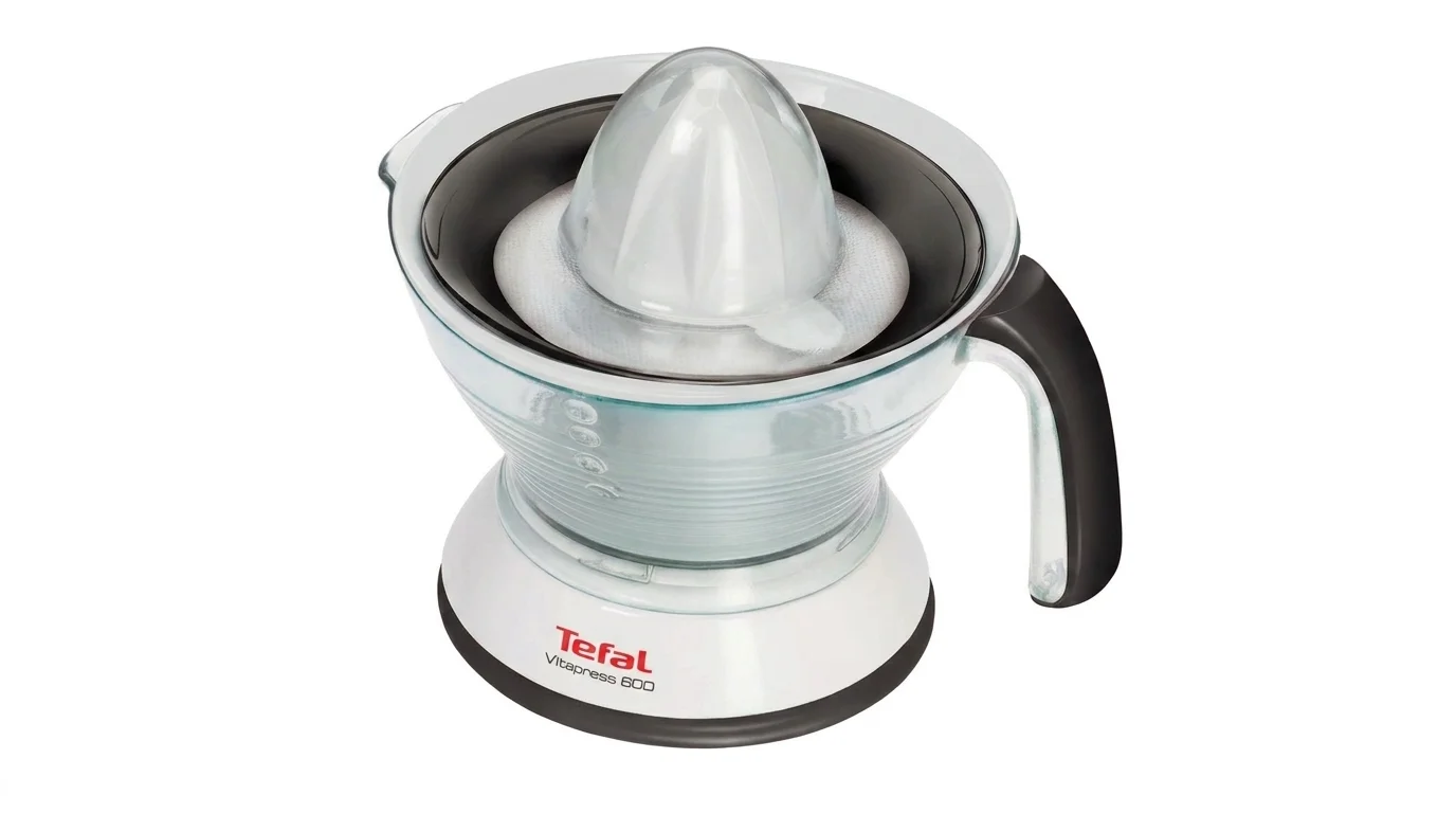 Bílý lis na citrusy Tefal Vitapress 600 s průhlednou nádobou a šedým madlem.