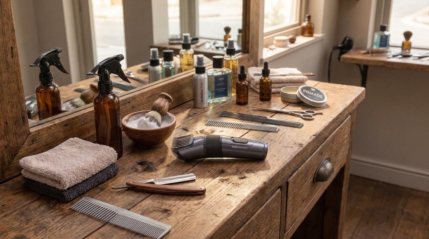 Zastřihovač vlasů BaByliss E976E položený na dřevěném stolku s holičským vybavením, jako jsou hřebeny, nůžky, břitva a kosmetické lahvičky.