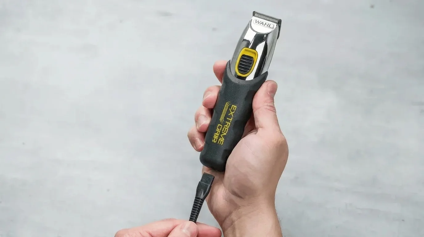 Ruka drží zastrihávač brady Wahl Extreme Grip a druhá ruka k nemu pripája nabíjací kábel.