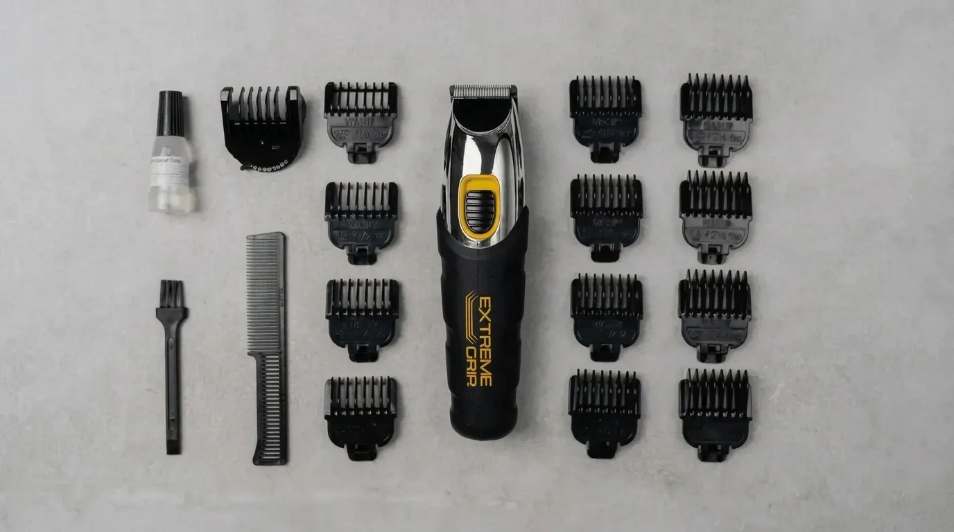 Zastrihávač brady Wahl Extreme Grip s príslušenstvom vrátane strihacích nástavcov, hrebeňa, čistiacej kefky a oleja rozloženými na sivom pozadí.