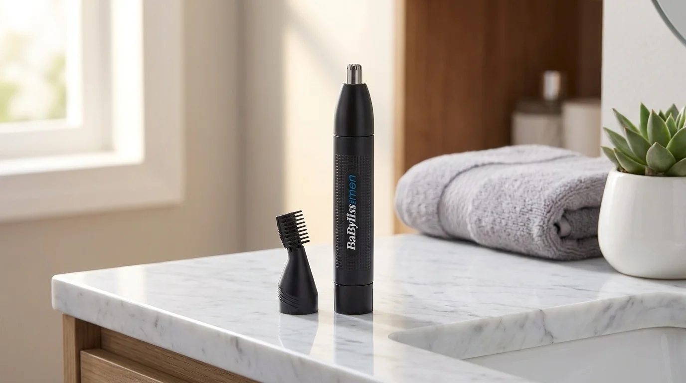 Černý zastřihovač chloupků BaByliss E652E s nástavcem na obočí na mramorové desce v koupelně.