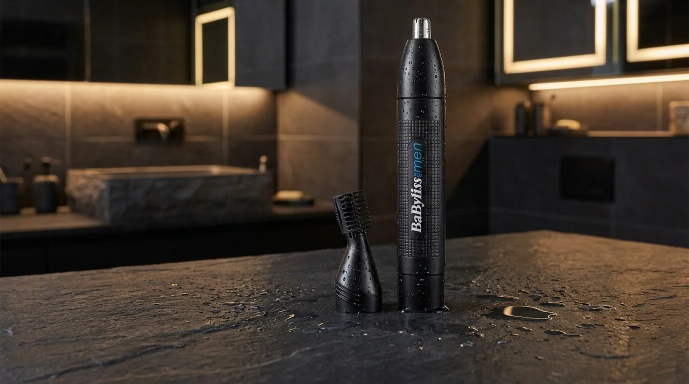Černý zastřihovač chloupků BaByliss E652E s výměnným nástavcem na tmavém mokrém povrchu v koupelně.