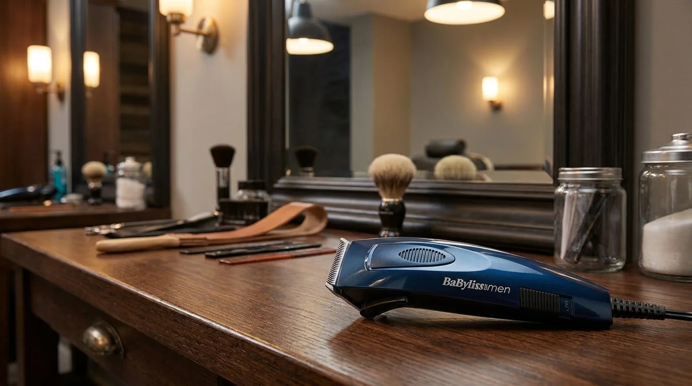 Modrý zastrihávač vlasov BaByliss for Men položený na drevenom stole v holičstve.