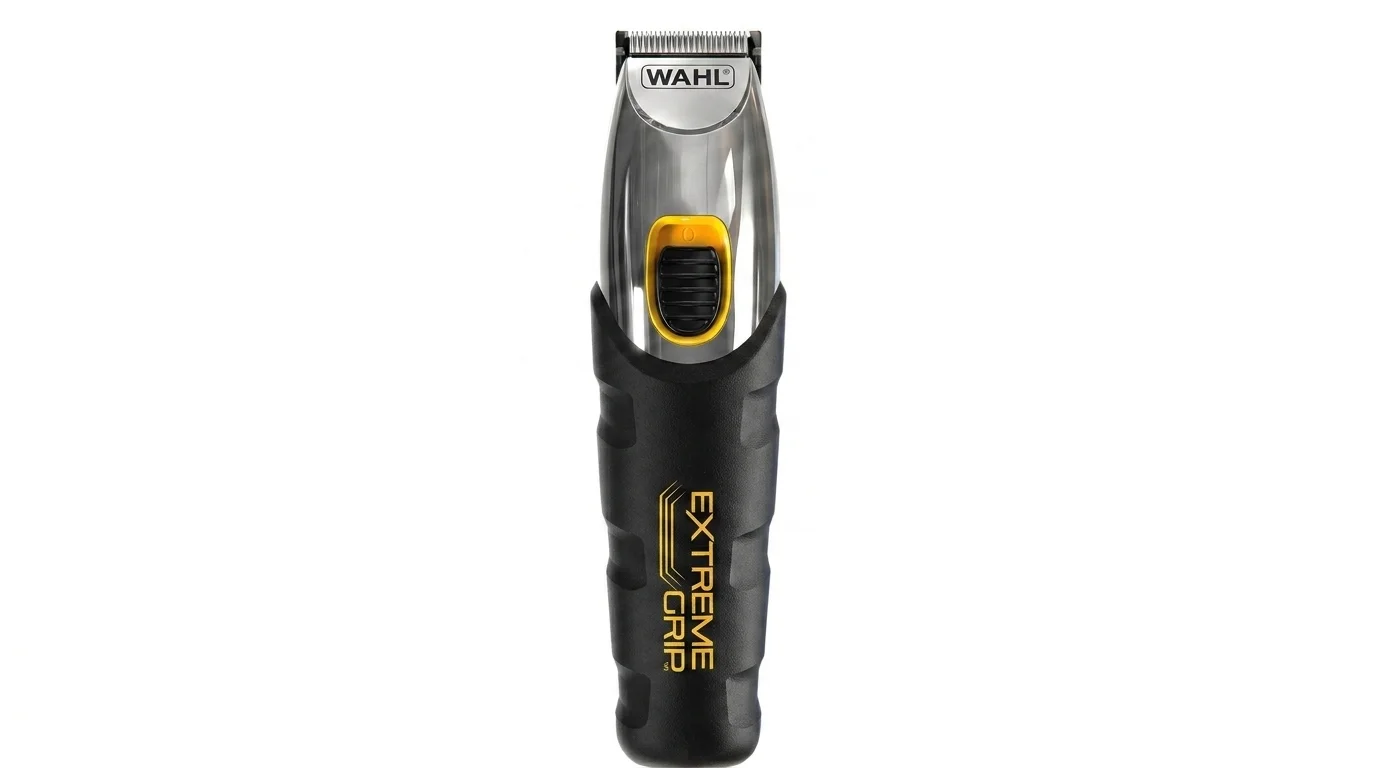 Zastrihávač brady Wahl Extreme Grip s čiernou ergonomickou rukoväťou, striebornou hornou časťou a žltým spínačom.