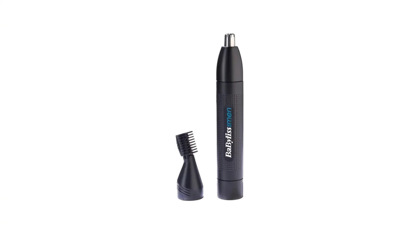 Černý zastřihovač chloupků BaByliss E652E s přídavným nástavcem na úpravu obočí na bílém pozadí.