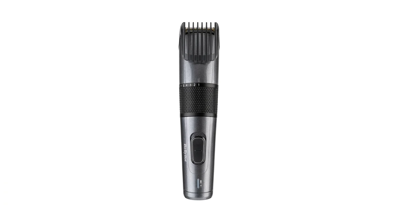 Šedý zastřihovač vlasů BaByliss E976E s černým hřebenovým nástavcem a otočným prstencem pro nastavení délky střihu.