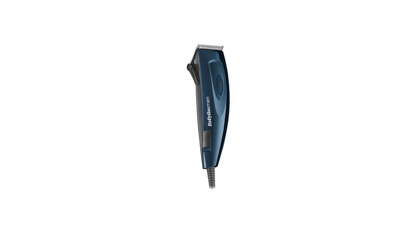 Tmavomodrý zastrihávač vlasov BaByliss E695E zobrazený z profilu na bielom pozadí.
