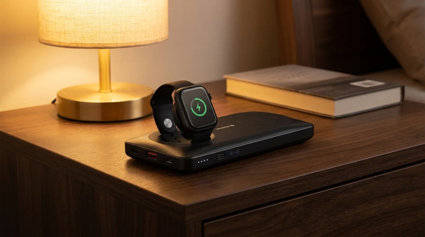 Čierna powerbanka Swissten na drevenom nočnom stolíku bezdrôtovo nabíja hodinky Apple Watch.