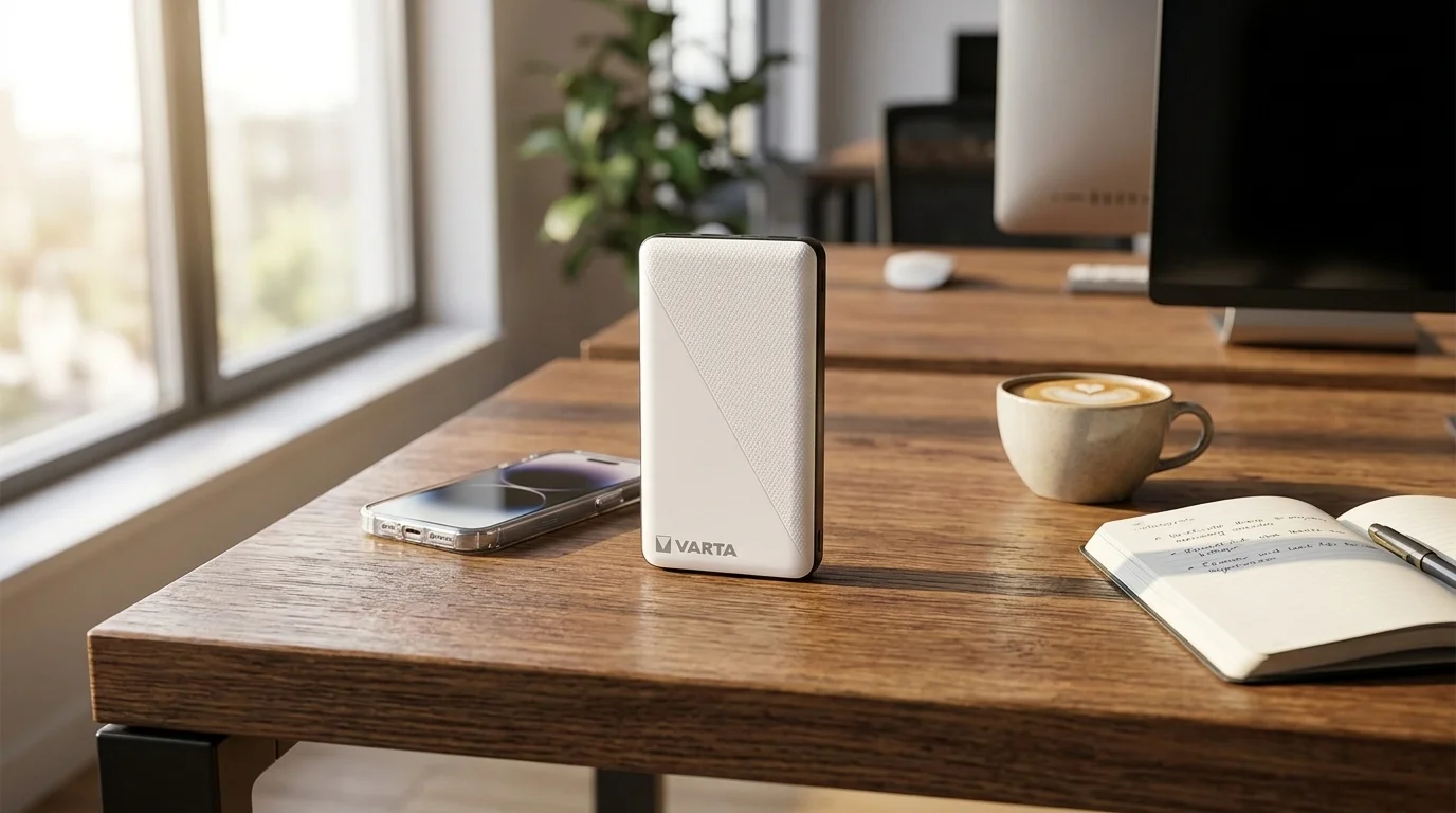 Bílá powerbanka VARTA Energy na dřevěném pracovním stole vedle smartphonu a šálku kávy.