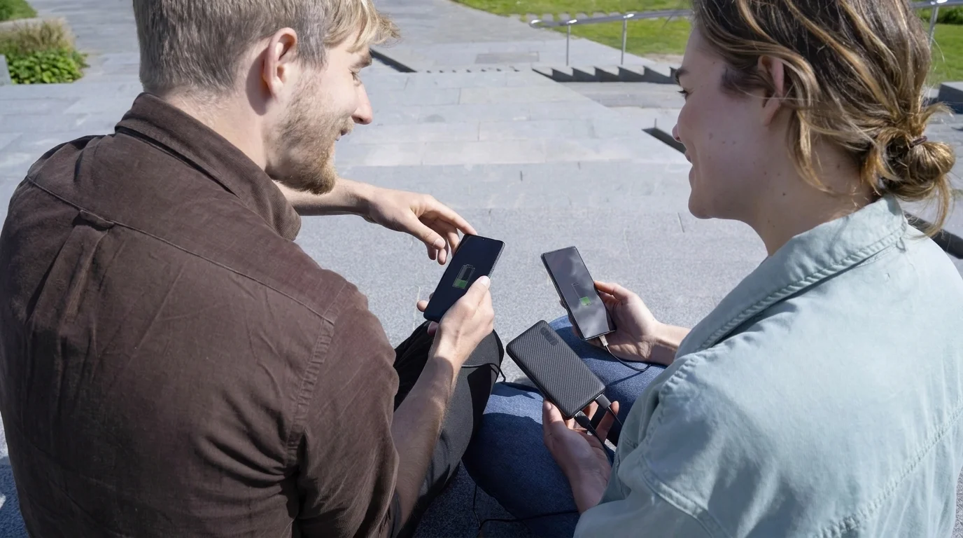 Dva lidé sedící venku nabíjejí své mobilní telefony pomocí černé powerbanky Trust Primo.