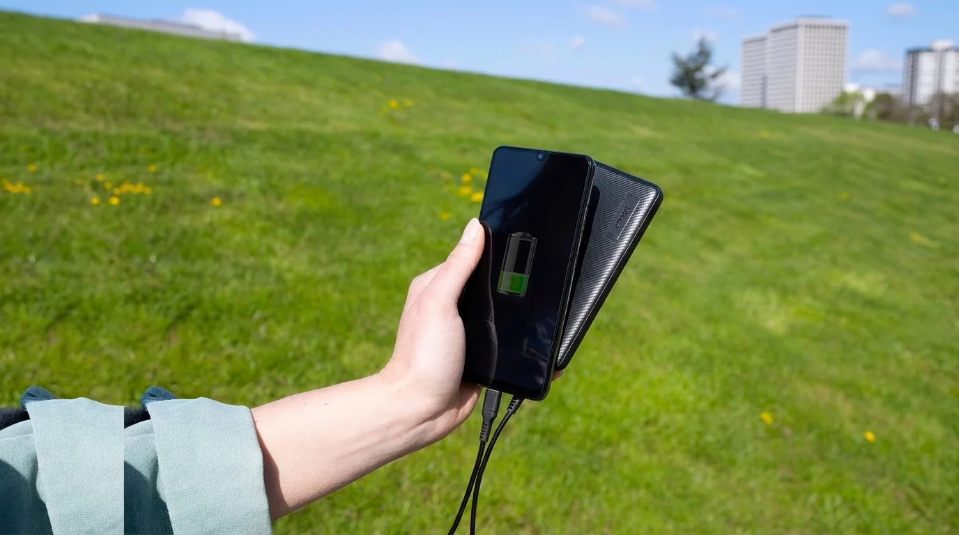 Ruka drží chytrý telefon nabíjený kabelem z černé powerbanky Trust v travnatém venkovním prostředí.