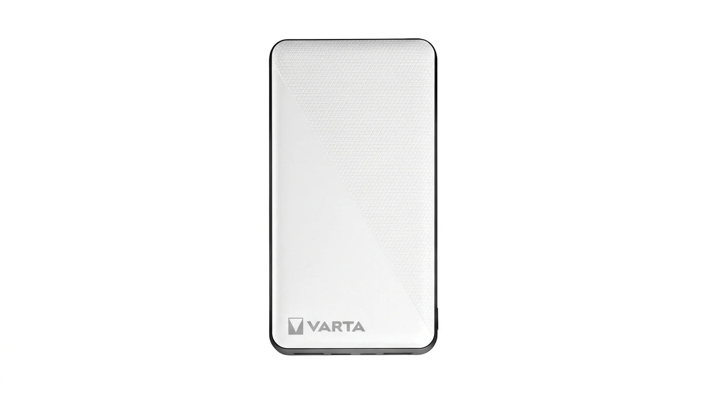 Bílá powerbanka VARTA Energy 20 000 mAh s částečně texturovaným povrchem a logem značky ve spodní části.