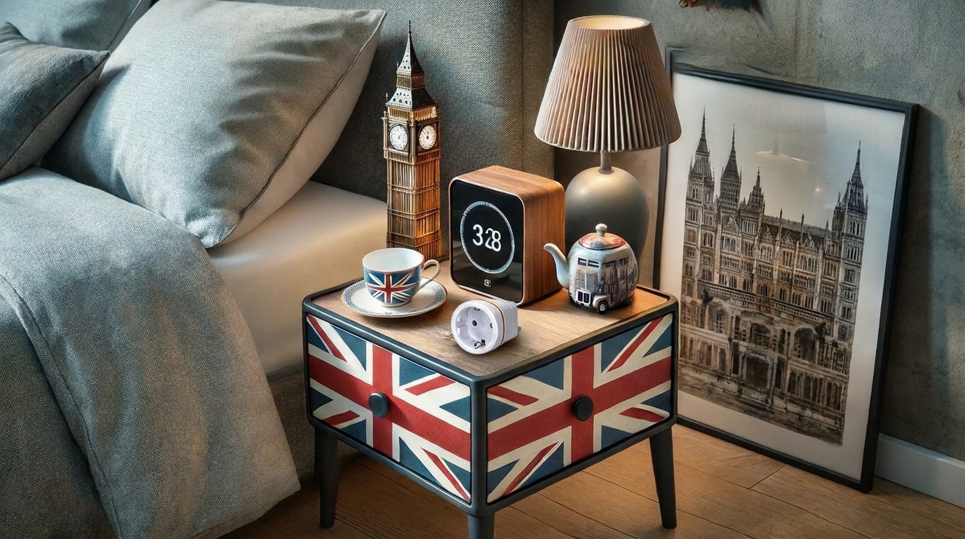 Cestovní adaptér Solight PA01-UK na nočním stolku s motivem britské vlajky vedle postele.