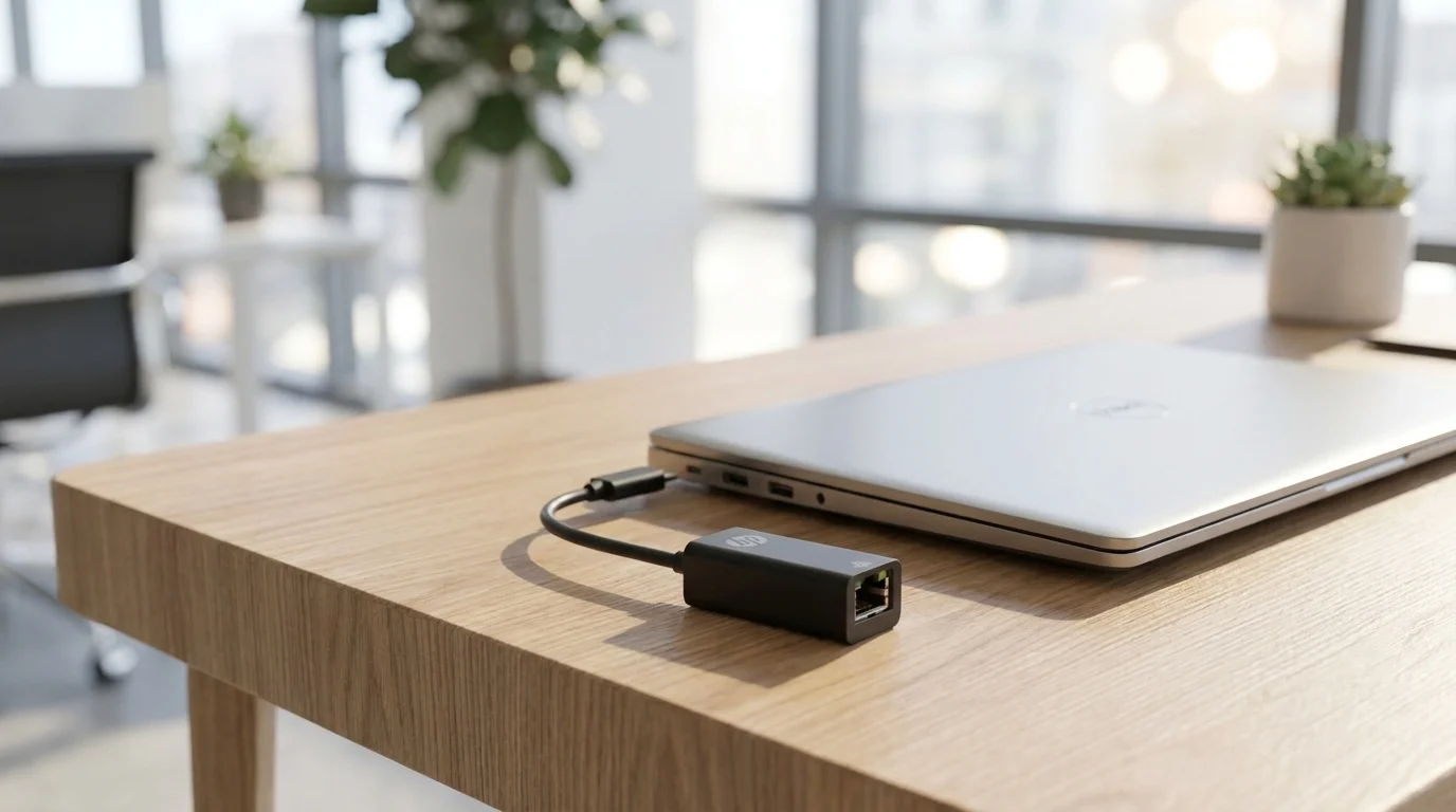 Černý adaptér HP USB-C na RJ-45 připojený k notebooku na dřevěném stole.