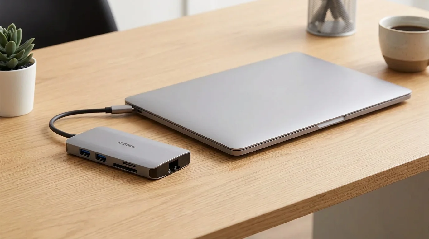 USB hub D-Link DUB-M810 připojený kabelem k zavřenému notebooku na dřevěném pracovním stole.