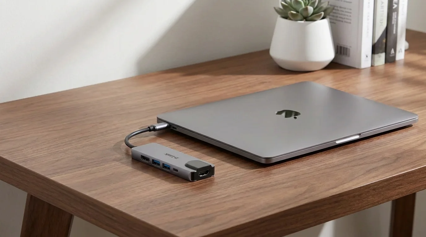 USB-C hub D-Link DUB-M520 připojený kabelem k zavřenému notebooku na dřevěném stole.