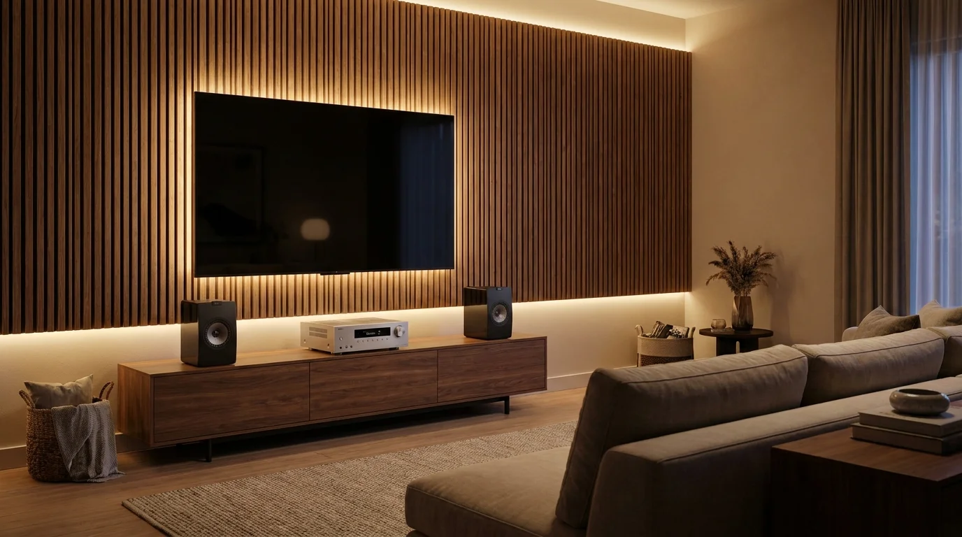 Moderní obývací pokoj s televizí připevněnou na podsvícené dřevěné lamelové stěně a TV stolkem s audio technikou.