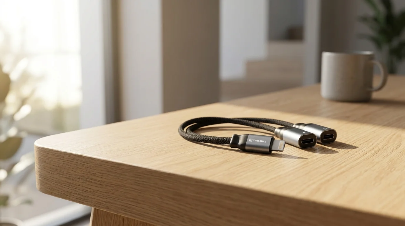 Černý nabíjecí audio adaptér Swissten s textilním opletením a konektory Lightning položený na světlém dřevěném stole.