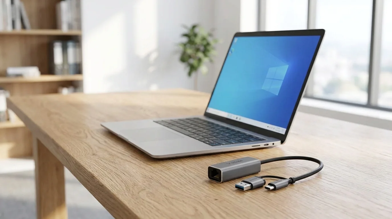 Adaptér Yenkee YTC 013 s konektormi USB-A, USB-C a portom RJ-45 položený na drevenom stole vedľa otvoreného notebooku.