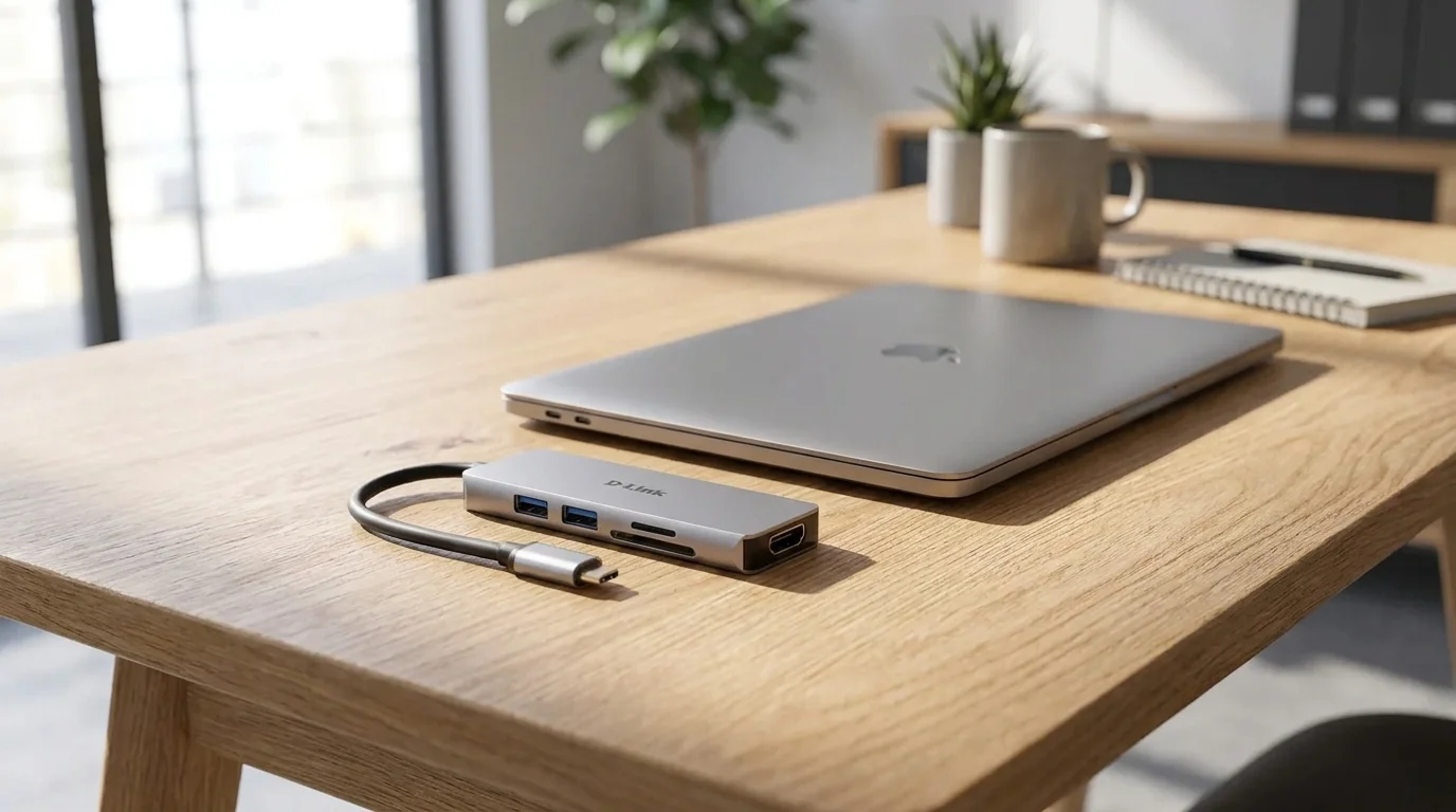 Kompaktní USB-C hub D-Link DUB-M530 ležící na dřevěném stole vedle zavřeného stříbrného notebooku.