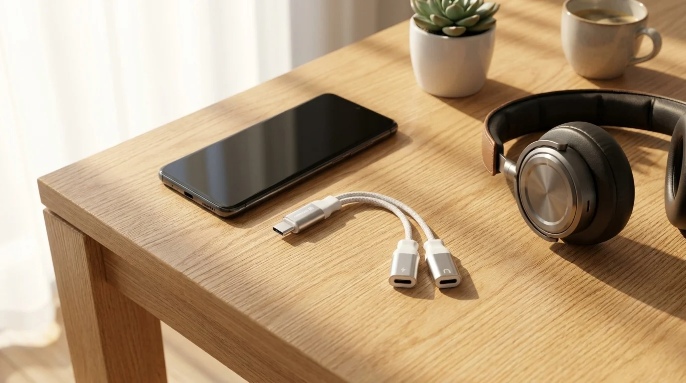 Nabíjecí audio adaptér Swissten USB-C na 2× USB-C položený na dřevěném stole vedle chytrého telefonu a sluchátek.