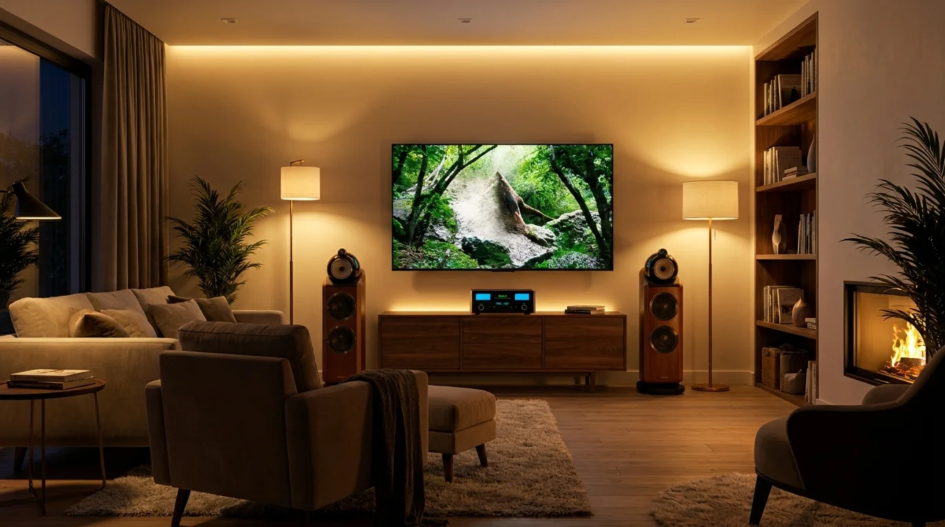 Moderní obývací pokoj s teplým osvětlením, televizí na stěně, audio systémem, sedací soupravou a krbem.