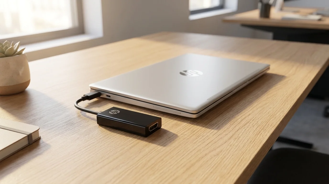 Černý adaptér HP Pavilion USB-C na HDMI zapojený do stříbrného notebooku na dřevěném stole.